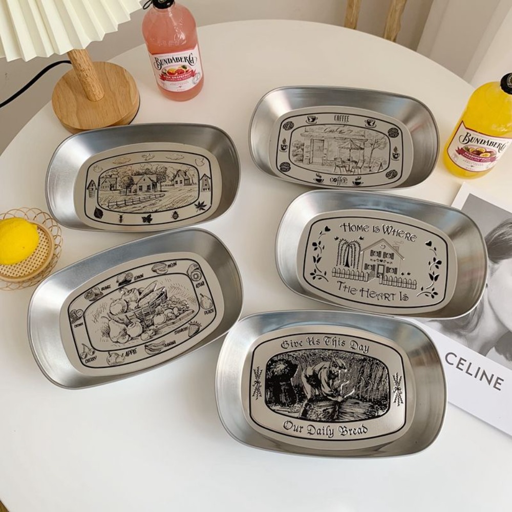 Food Snacks For Picnic - ถาดเหล็กสไตล์วินเทจอเมริกัน 2 ชิ้น ถาดใส่ขนมผลไม้ ถาดเก็บอาหารในครัวเรือน ถาดเสิร์ฟกาแฟ