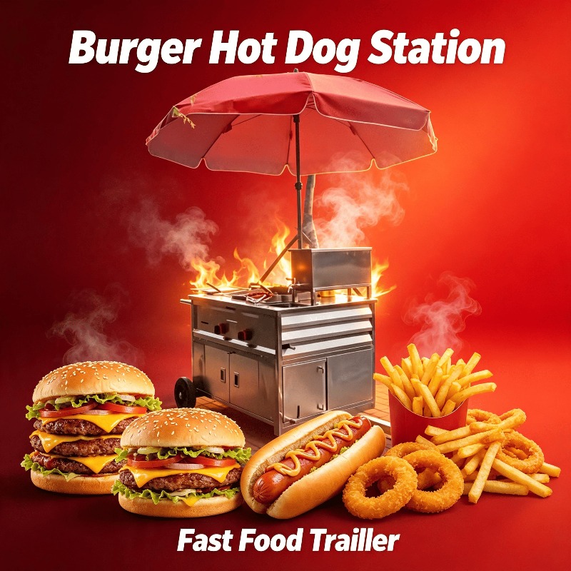 Fast Food With Snacks - รถเข็นขายอาหารเคลื่อนที่แบบลากจูง รถเข็นขายฮอทดอกพร้อมโต๊ะทำงานและที่เก็บของ สำหรับขายอาหารจานด่วนกลางแจ้ง เบอร์เกอร์ อาหารทะเลทอด ปรับแต่งได้
