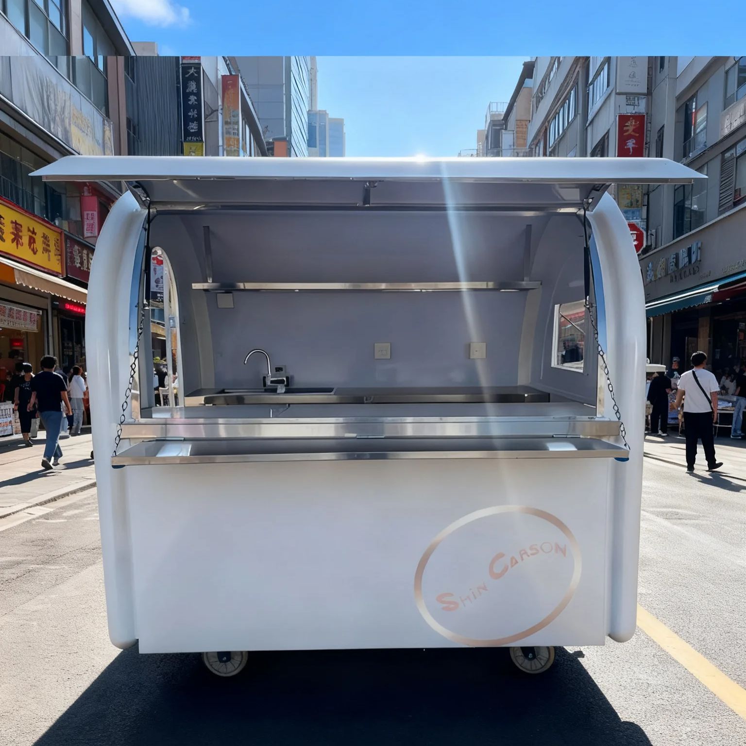 Food Snacks Business - รถพ่วงขายอาหารกลางแจ้งทรงกลม รถเข็นขายขนมเคลื่อนที่สำหรับตลาดและงานแสดงสินค้า รถธุรกิจดีไซน์สวยงาม ปรับเปลี่ยนได้ตามต้องการ