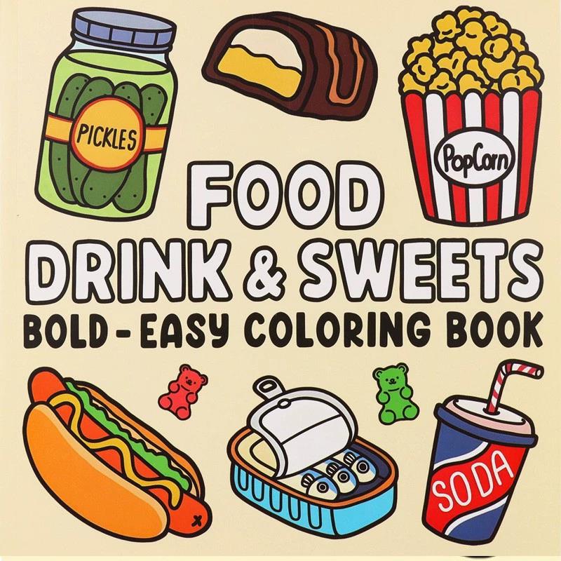 Food Snacks Coloring Book - หนังสือระบายสีอาหาร เครื่องดื่ม และขนมหวานสำหรับผู้ใหญ่และเด็ก - ดีไซน์ง่ายๆ ไอเดียของขวัญสำหรับงานปาร์ตี้แสนสนุก