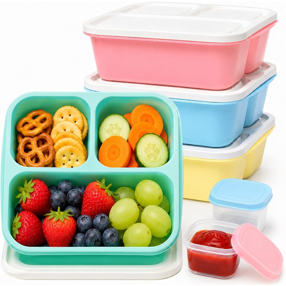Food Prep Snacks - กล่องอาหารเบนโตะ 3 ช่องสำหรับผู้ใหญ่ ภาชนะใส่ขนมแบบใช้ซ้ำได้ ซ้อนกันได้ ป้องกันการรั่วซึม
