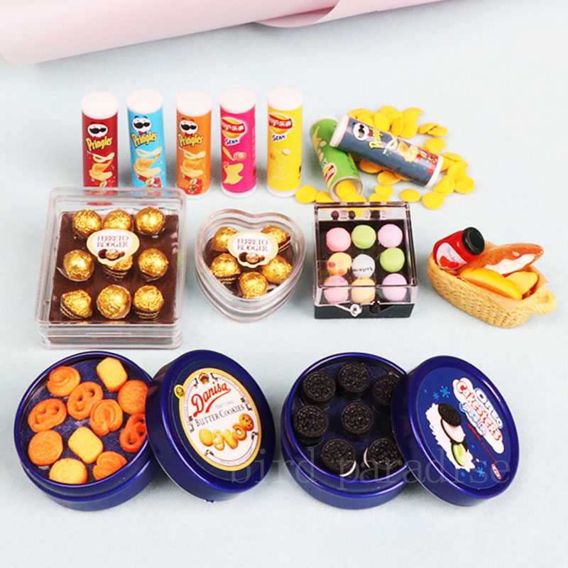 Junk Food Snacks - 1/6 Miniatrue ตุ๊กตาอาหารมินิคุกกี้ช็อกโกแลตกล่องมันฝรั่งชิปของเล่น Pretend Play สําหรับ