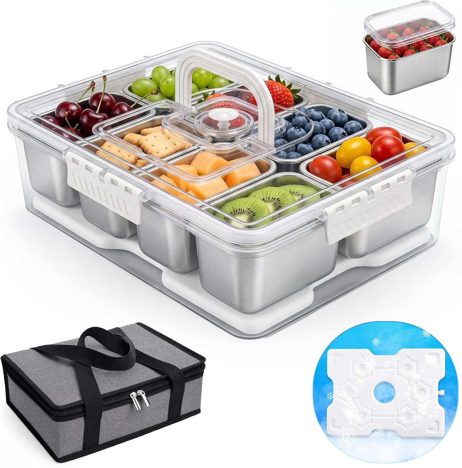 Food Platter Snacks - กล่องใส่ของว่างพร้อมแผ่นเก็บความเย็น, ถาดแบ่งช่องใส่ของว่าง 8 ช่องพร้อมฝาปิดและหูจับ, กล่องจัดเก็บอาหารสำหรับการเดินทางกลางแจ้ง ปาร์ตี้