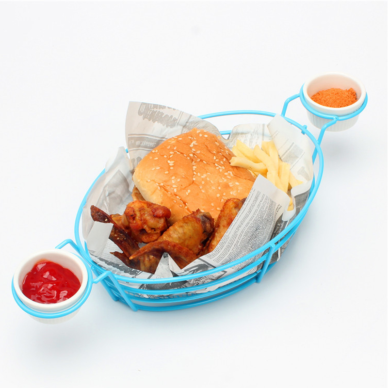 Fast Food With Snacks - อเมริกันบนโต๊ะอาหารตะกร้าทอดออกแบบใหม่ขนมขบเคี้ยวและชิปตะกร้าถาดอาหารอย่างรวดเร็วขนมปังและไก่ทอดแผ่นสีฟ้า 1 PC