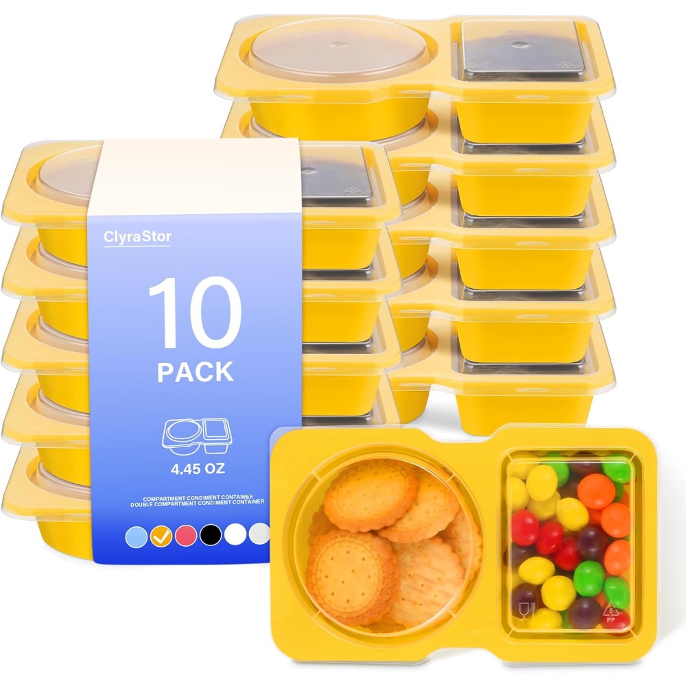 Food Prep Snacks - ภาชนะพลาสติกใส่อาหารแบบใช้แล้วทิ้ง 2 ช่องพร้อมฝาปิด 10 แพ็ค กล่องเก็บอาหารสีเหลืองสำหรับซอส