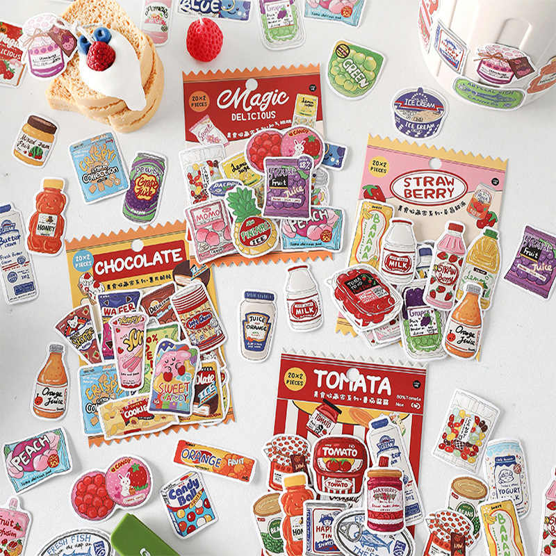 Food Snacks Label - สติกเกอร์อาหารน่ารัก สติกเกอร์ขนมขบเคี้ยวและเครื่องดื่ม สไตล์วินเทจ การ์ตูน สติกเกอร์ไวนิล สำหรับงาน
