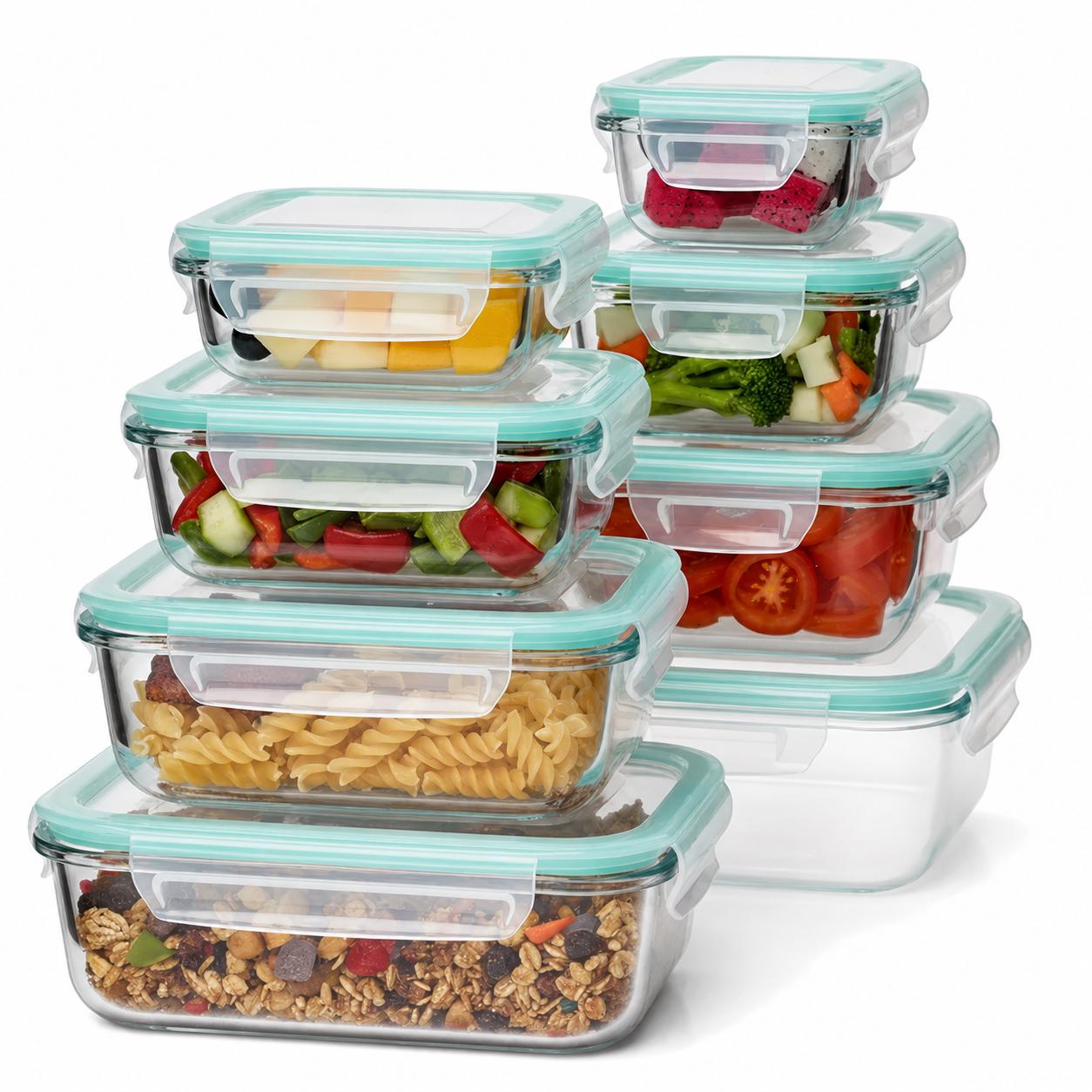 Food Prep Snacks - ชุดกล่องเก็บอาหารแก้วโบโรซิลิเกต 8 ชิ้น พร้อมฝาปิดซิลิโคนกันรั่วซึม ปลอดสาร BPA