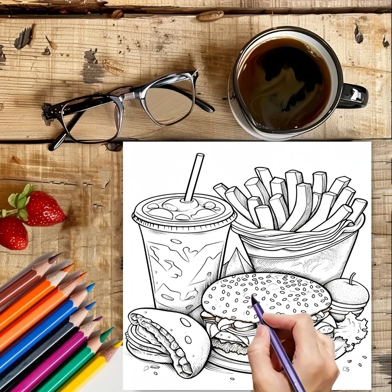 สมุดระบายสีอาหารจานด่วนสำหรับผ - Food Snacks Coloring Book บทวิจารณ์และราคา
